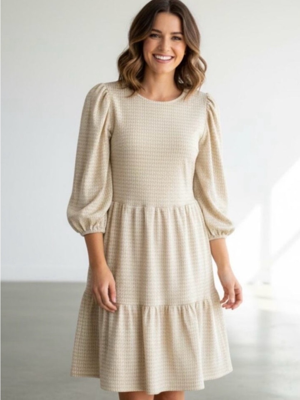 Draper James RSVP Puff Sleeve Tiered Dress Gold Houndstooth Womens Large